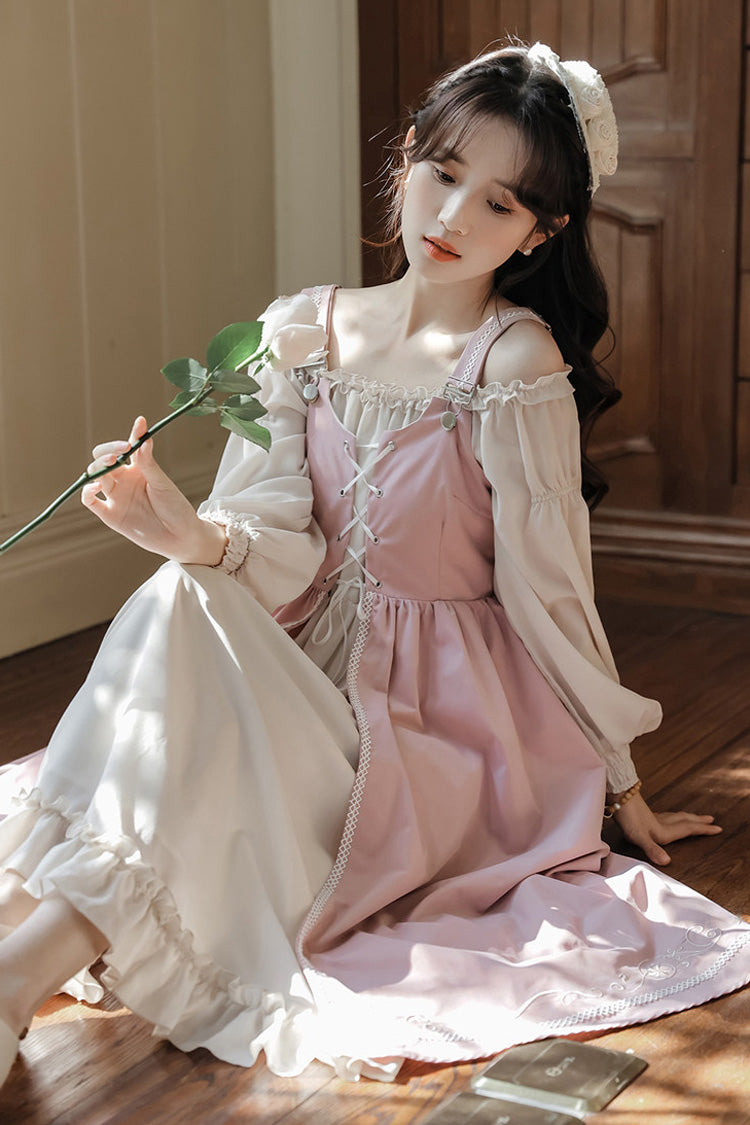 Square Collar Lolita Two-Piece with Lace-Up & Ruffled Details