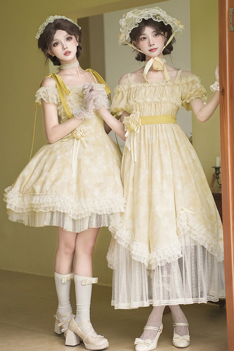 Golden Square Collar Flutter Sleeve Printed Ruffle Lace Sweet Elegant Short Dress - Falling Flowers as a Message