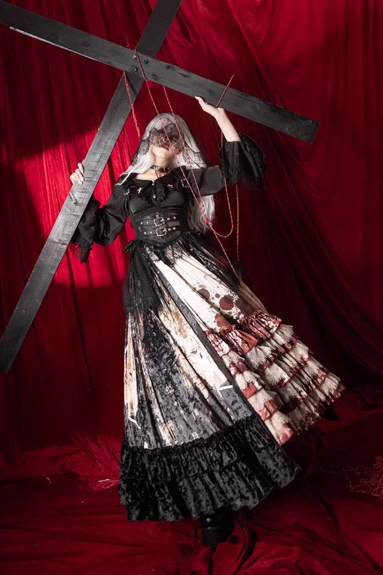 Sleeveless Multi-Layered Printed Ruffled Open-Front Gothic Plus Size Lolita Strap Dress