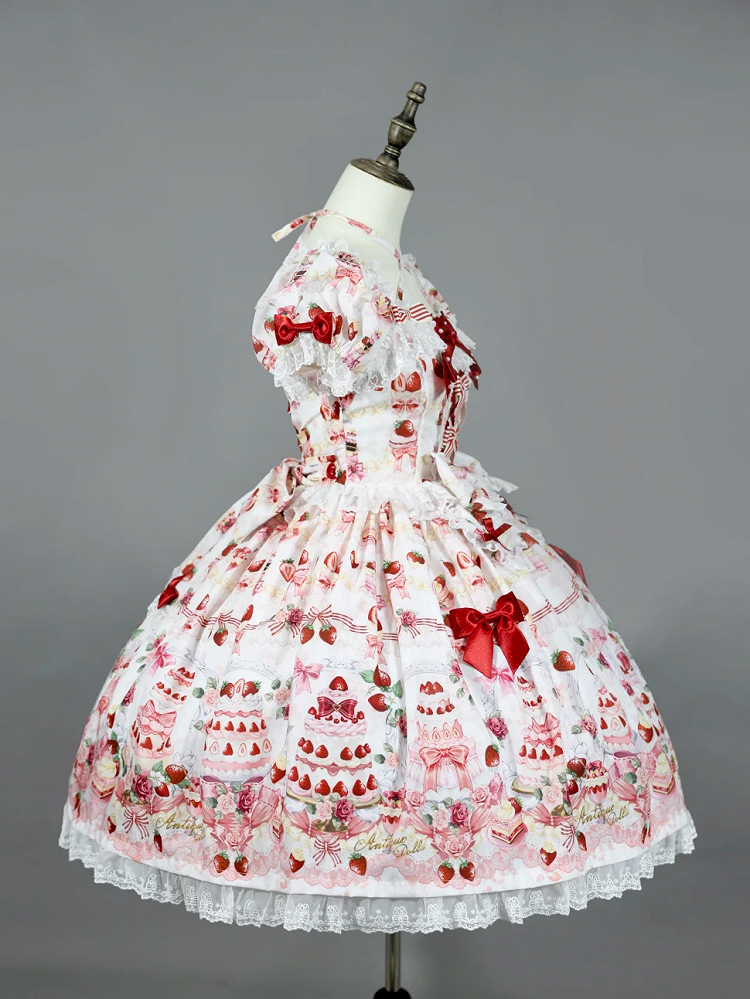 Sweet White Full Set Bow Cake Strawberry Accents Dress Print / Lolita