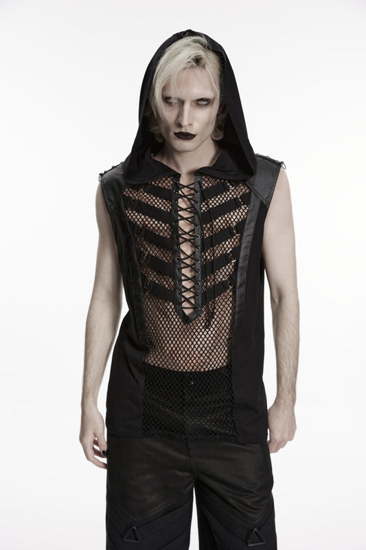 Noir Punk Vest with Hood and Lace-Up Front