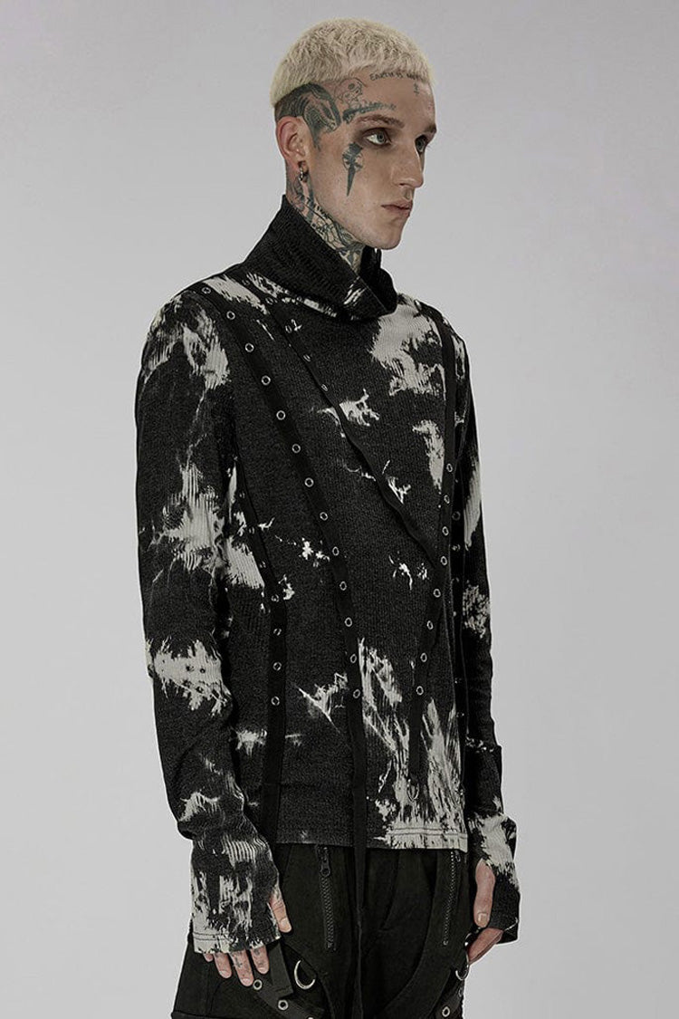 Monochrome Punk Shirt with Metal Buckles, Side Buttons, and Tie Dye