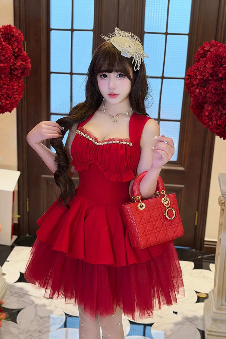 Crimson Romantic Rose Square Neck Sleeveless Ruffled Classic Ballet Lolita Gown