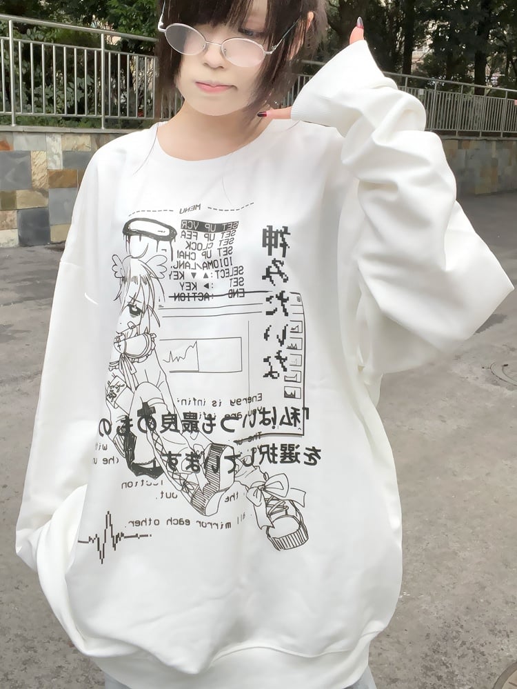 Jirai Kei White Round Neck Graphic Sweatshirt Yami Kawaii Top