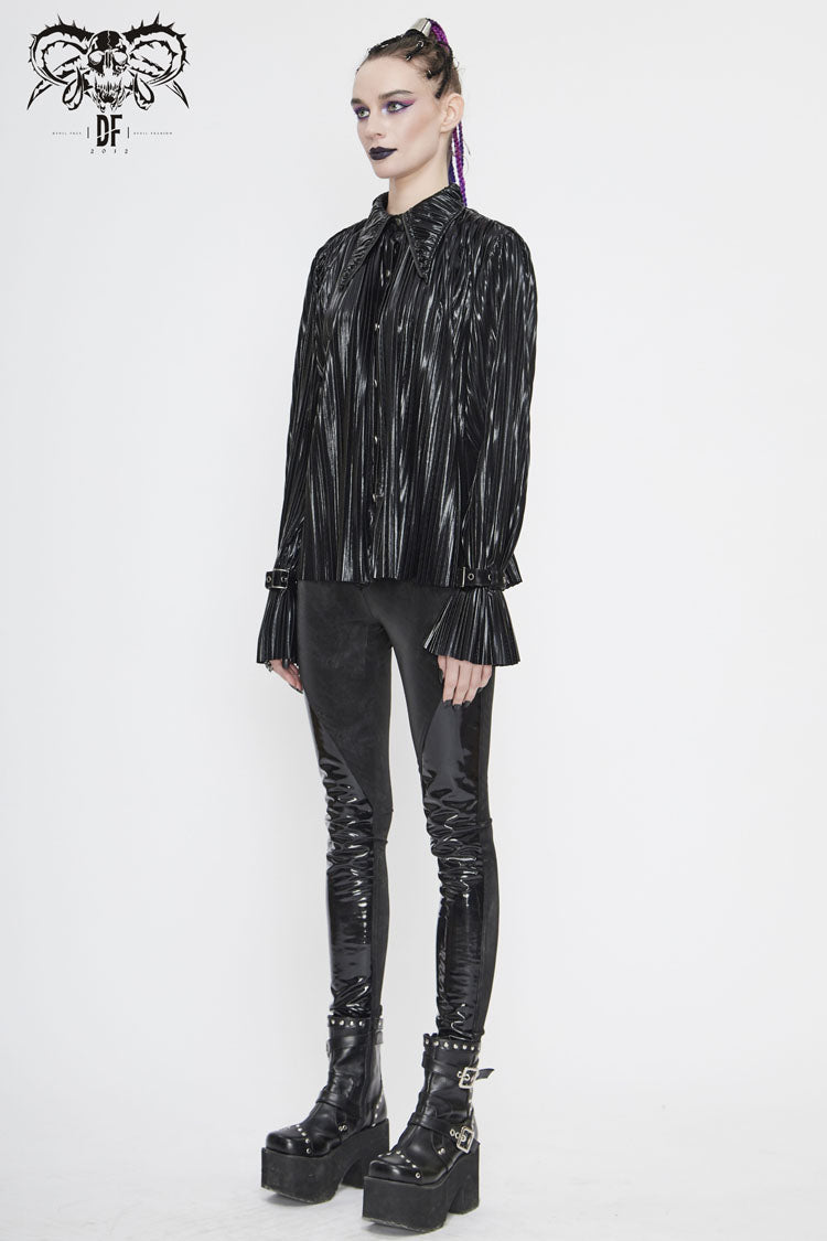 Edgy Studded Cuff Punk Blouse with Pleated Pointed Collar