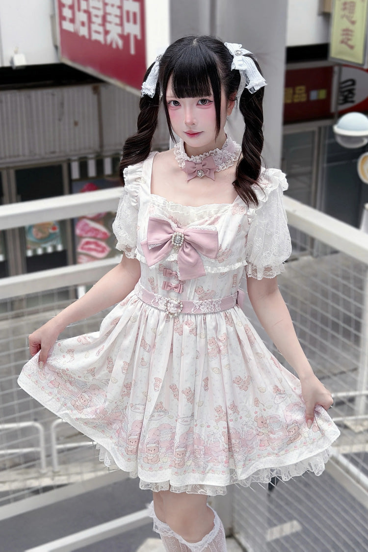 Teddy Bear Party Square Collar Dress with Ruffled Bow