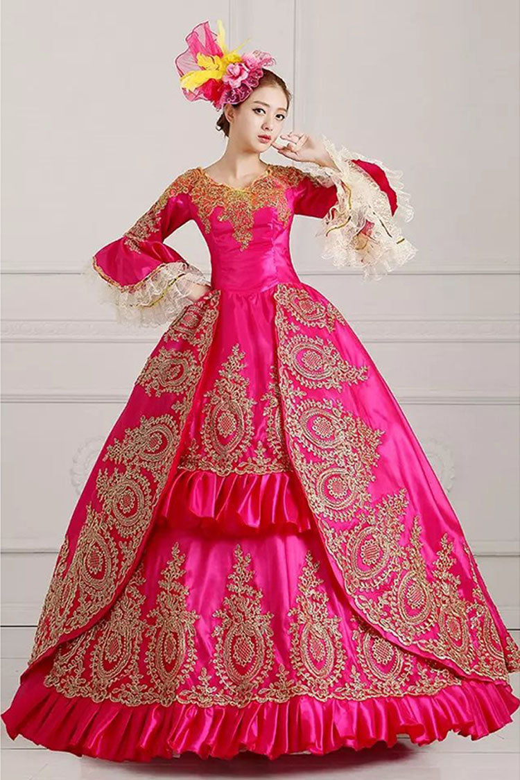 Layered Floral Embroidered Victorian Gown with Fluted Sleeves