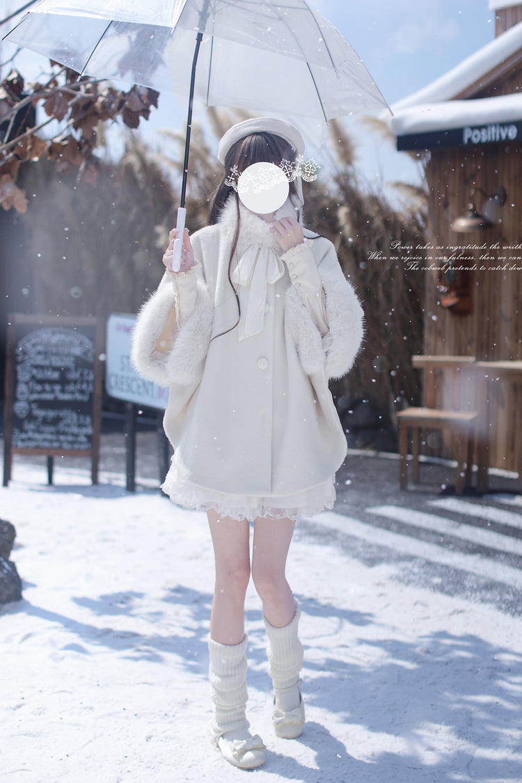 Ivory Lace Sweet Japanese Fluffy Cape Coat