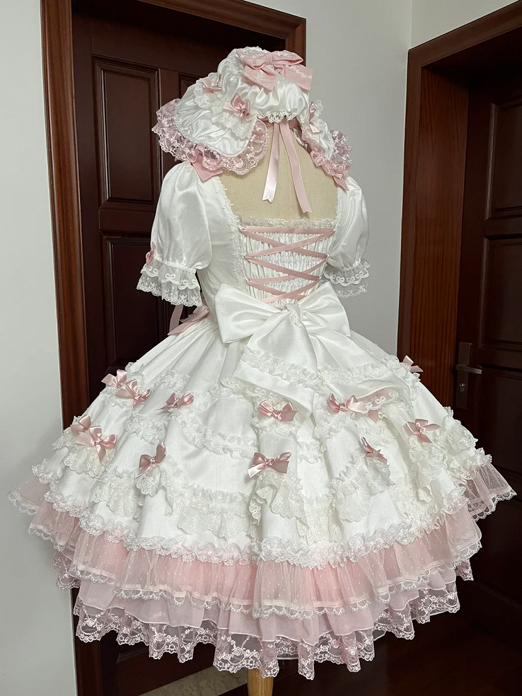 High Sweet Accents White Lolita Detachable Pink Bow Princess Sakura Sleeves Dress with Waist