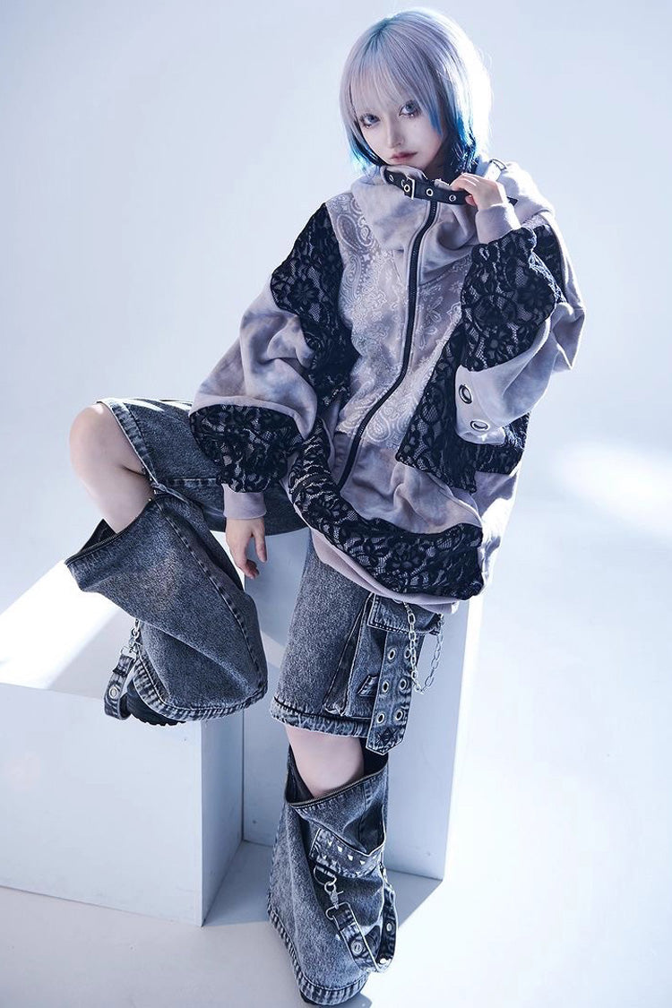 Color Blocked Tie-Dye Hooded Zip Coat with Print