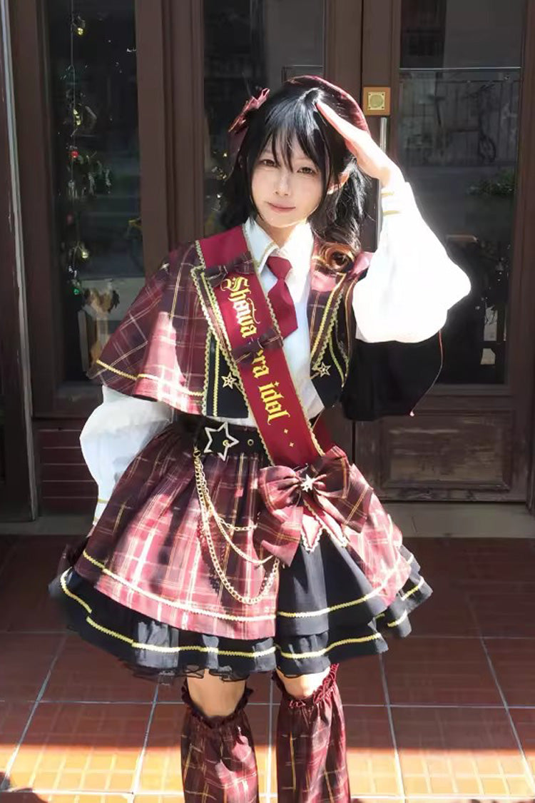 Crimson Showa Little Idol Notch Collar Long Sleeve Ruffled Open-Front Bow Asymmetric Classic Lolita Skirt Set