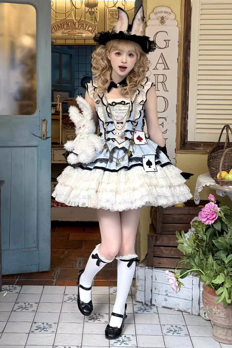 Square Collar Sleeveless Multi-Layered Ruffled Bow Lace Sweet Lolita Jsk Dress - Binky Bunny Magic