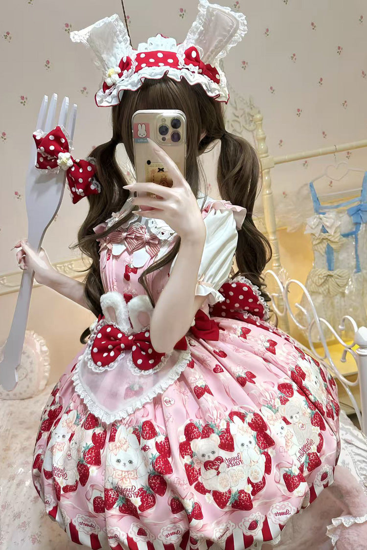Strawberry Print Sleeveless Bowknot Sweet JSK Dress in 2 Colors - Cream Rabbit Strawberry
