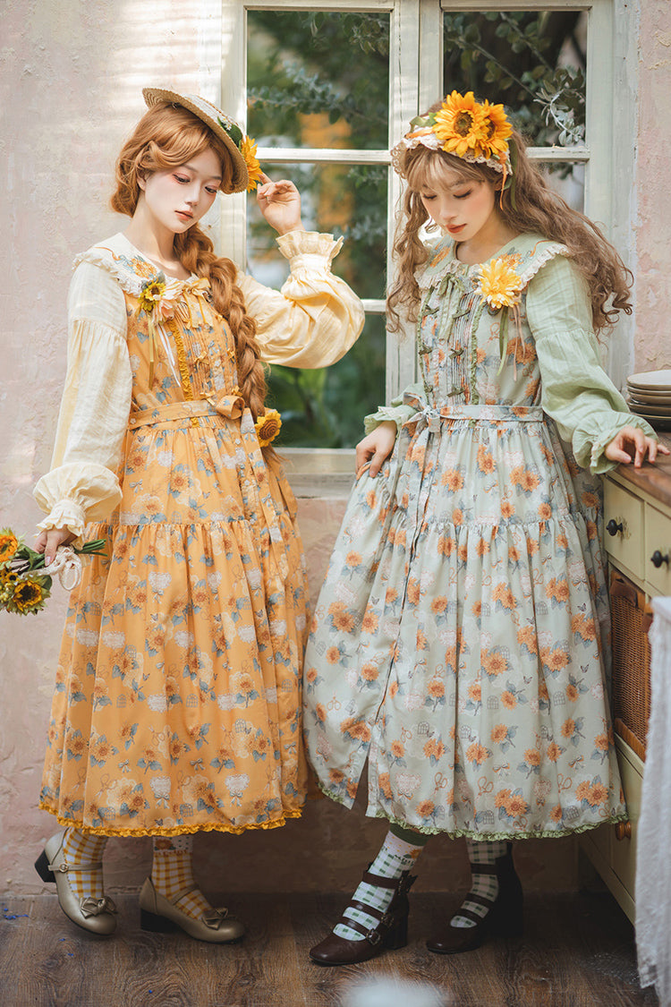 Yellow Sunflower Sleeveless Floral Bow Elegant Jsk Dress
