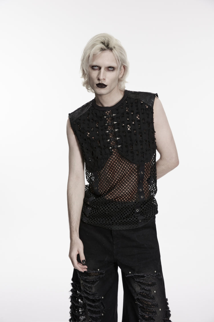 Noir Punk Sleeveless with Torn Mesh and Studded Details
