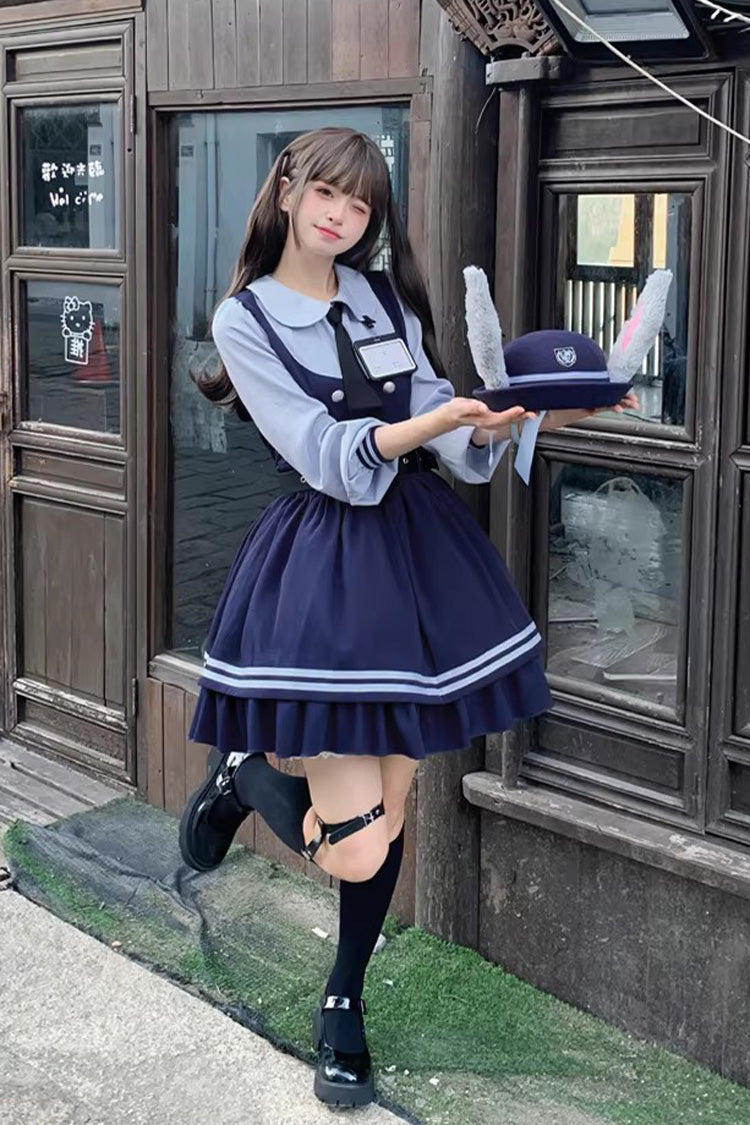 Blue Rabbit Officer Long Sleeves Printed Ruffled Faux Two-Piece College Style Sweet Dress