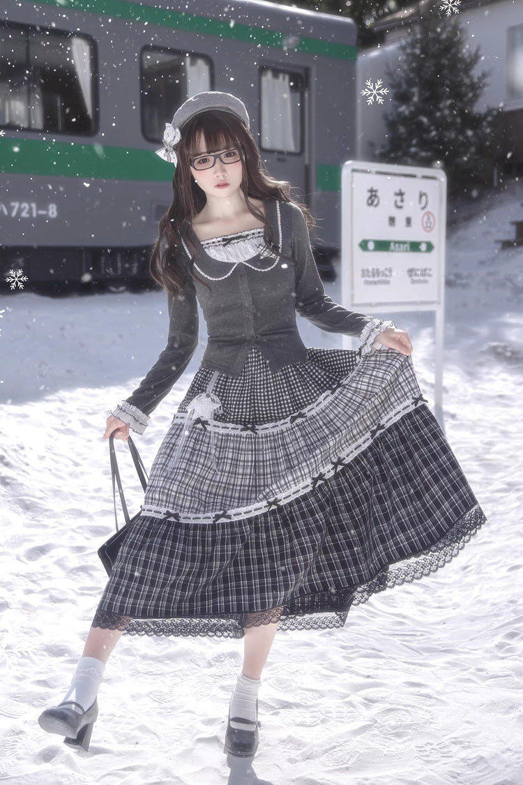 Sweet Lolita Skirt Set with Square Collar, Cut-Out Lace, Star Print, Grey