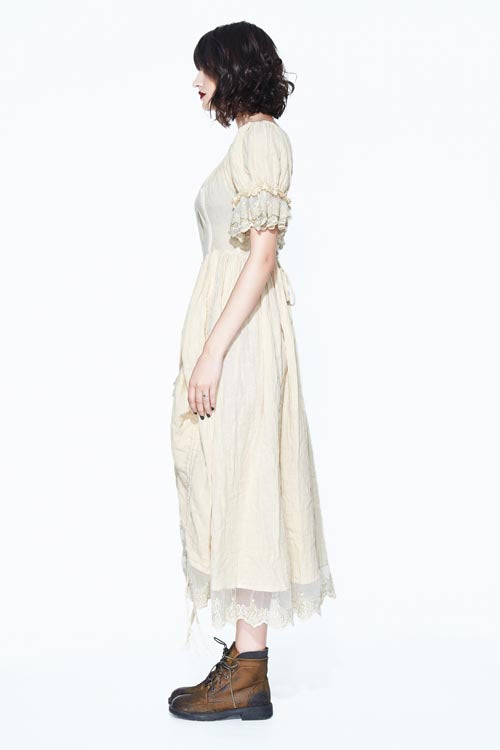 Vintage Punk Embroidered Lace Drawstring Dress - Creamy White