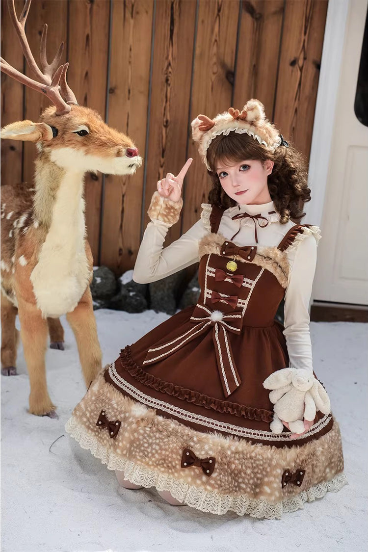 Brown Hazelnut Moose Sleeveless Ruffled Bow Plush Sweet Jsk Dress