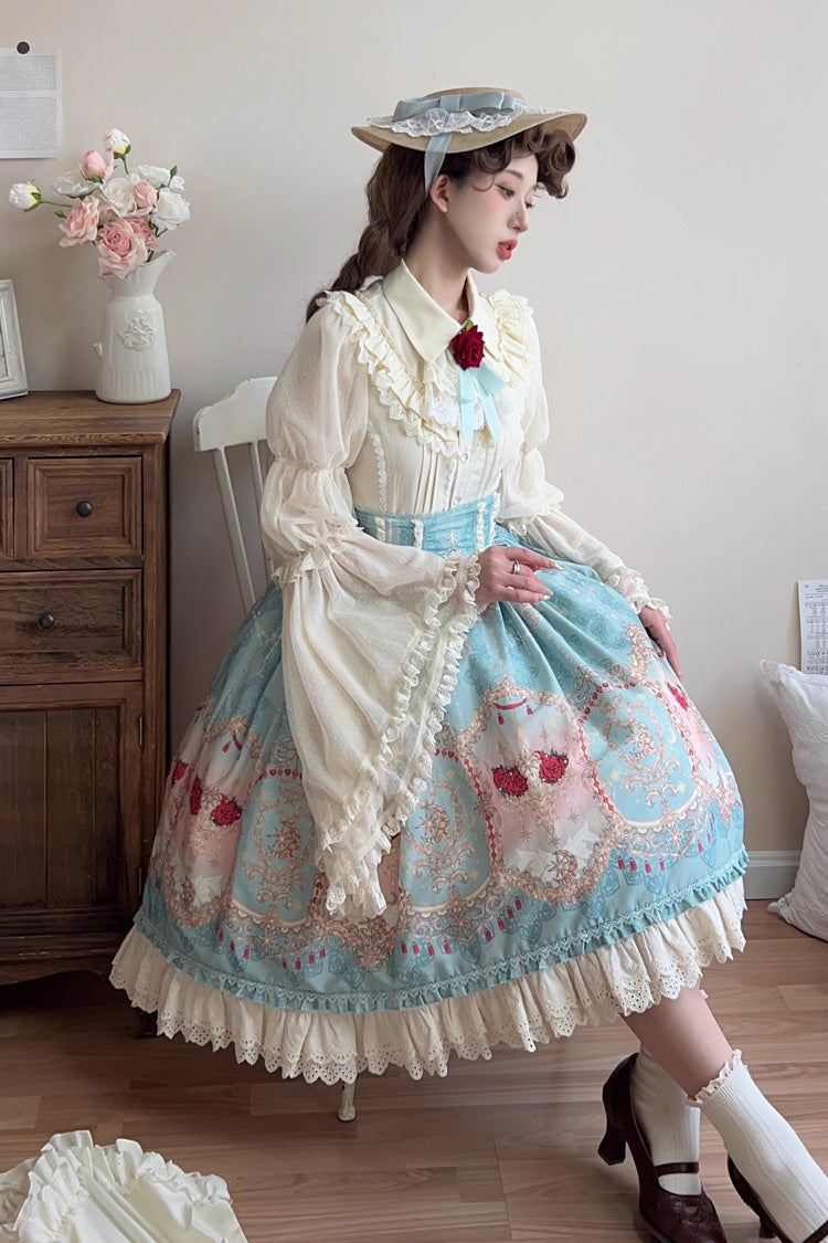 Blue Moonlit Garden Print Ruffle Lace Sweet Palace Lolita Skirt