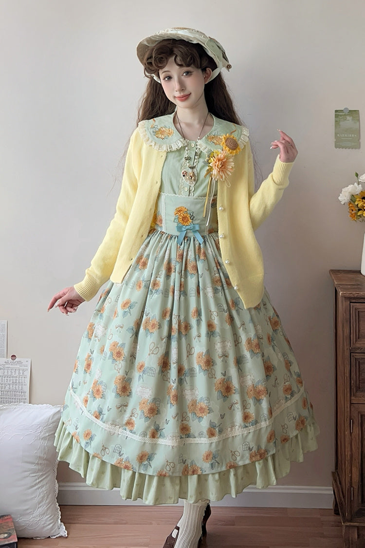 Green Sunflower Sleeveless Floral Bow Elegant Uplift Jsk