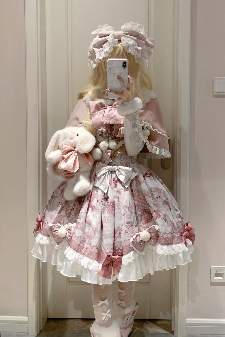 Pink Princess Dessert Cat Print Bow Lace Lolita Dress Set