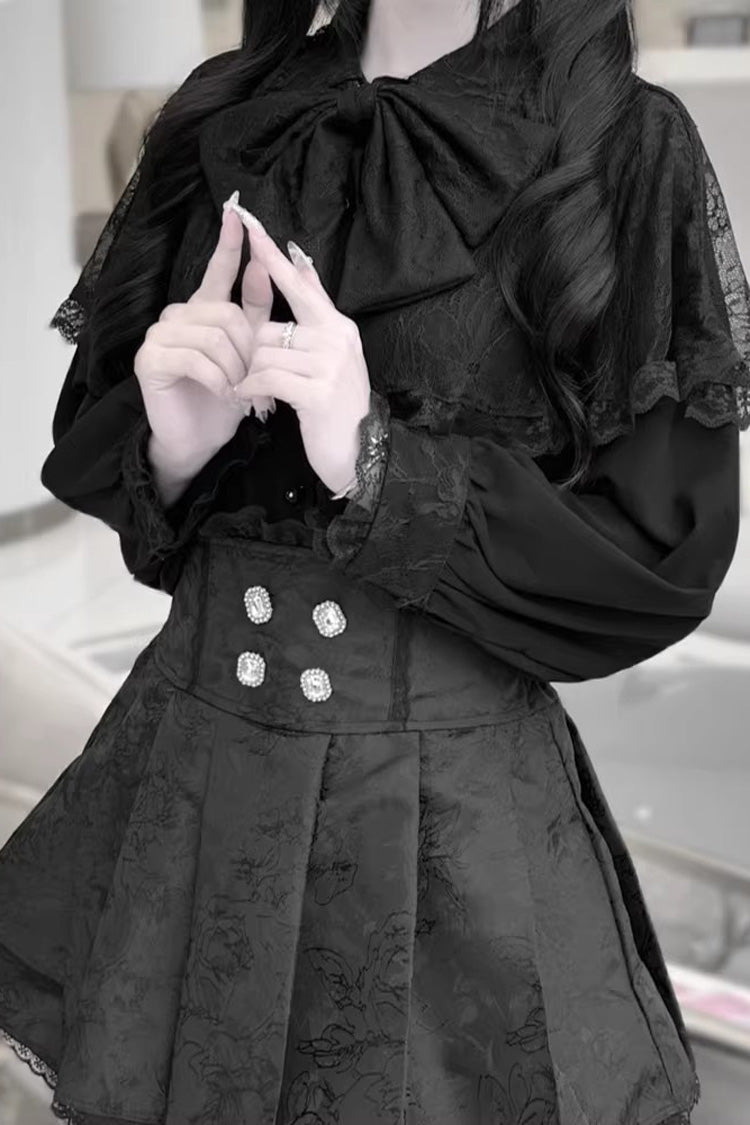 Dark Moon Shadow Double-Layered Ruffled Embroidered Bow Corset Gothic Jirai Kei Top and Skirt Set