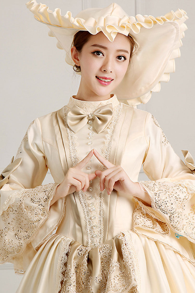 Ruffled Bowknot Victorian Gown with Trumpet Sleeves - High Waisted