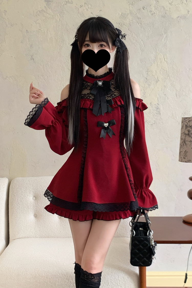 Sweet Off Shoulder Halterneck Long Sleeve Ruffled Bow Lace Jirai Kei Dress Shorts Set