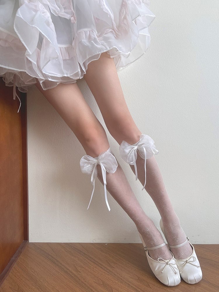 Stockings Black/White Underknee Bowknot Design