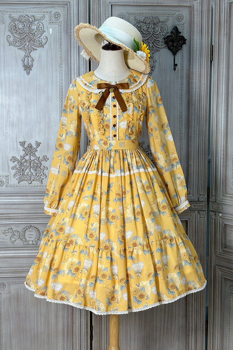 Sunflower Yellow Long Sleeve Floral Bow Elegant Lolita Dress