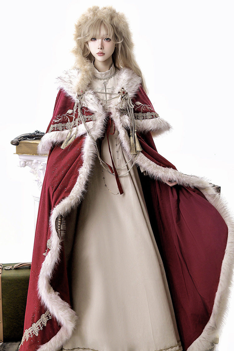 Crimson Royal Coronation Embroidered Luxurious European Court Lolita Dress with Cape Set