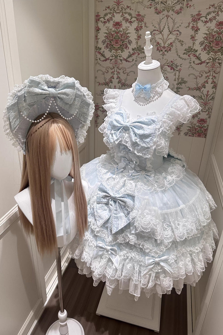 Blue Ruffled Hanayome Bow Lace Sweet Princess Lolita Jsk Dress - Sakura Dream Romance