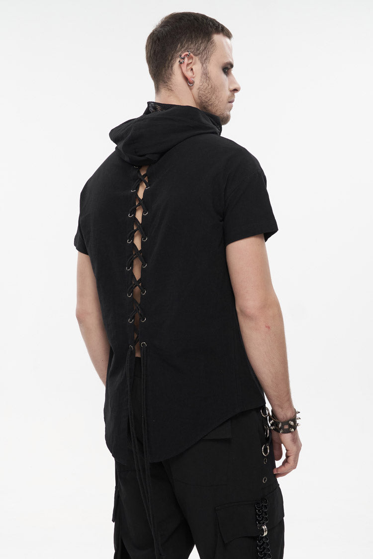 Men's Punk T-Shirt with Hooded Mesh Splice Zipper Back Openwork Lace-Up Casual Short Sleeve