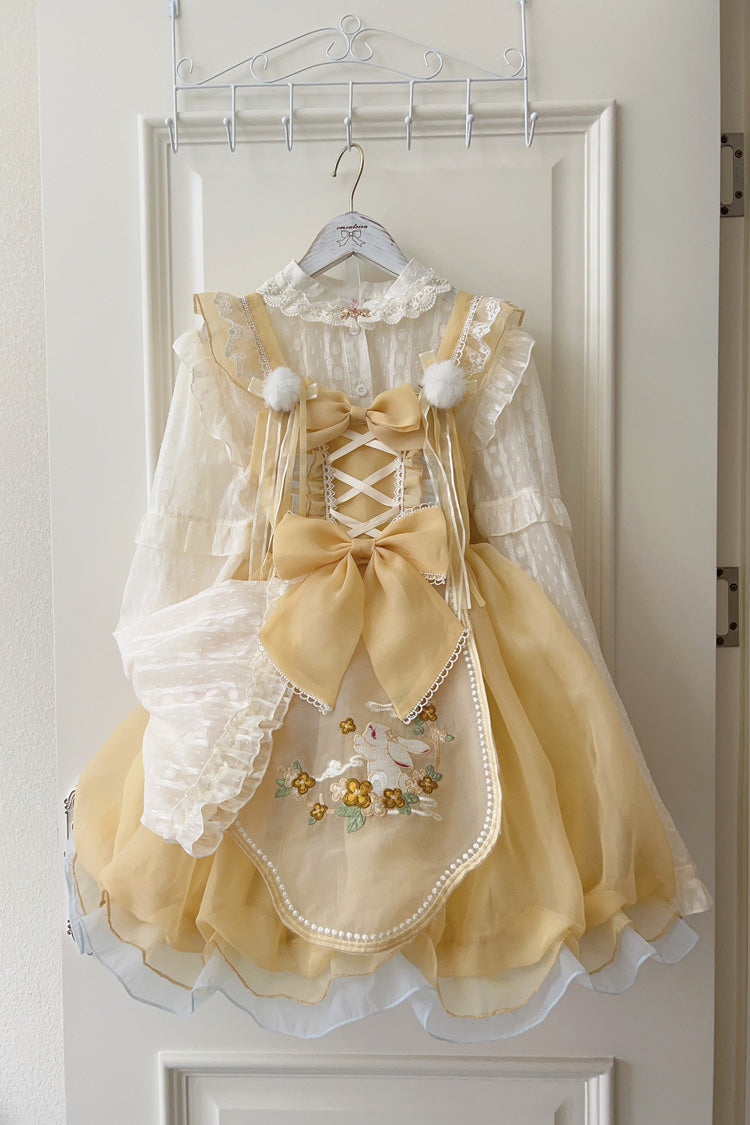 Yellow Moon Rabbit Embroidery Ruffled Bowknot Lace Sweet Lolita JSK
