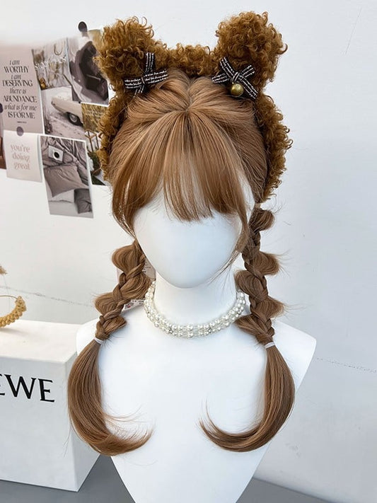 Wig Braided Brown Bangs Synthetic Full and With Ponytails Double