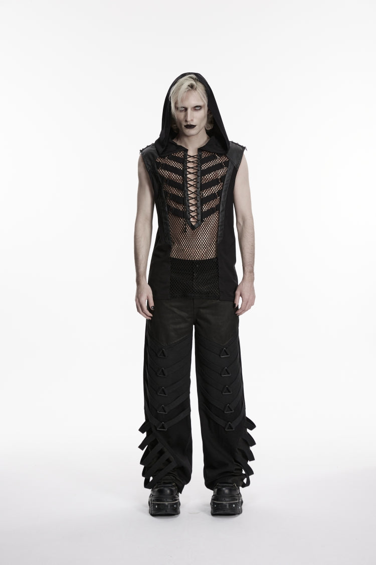 Noir Punk Vest with Hood and Lace-Up Front