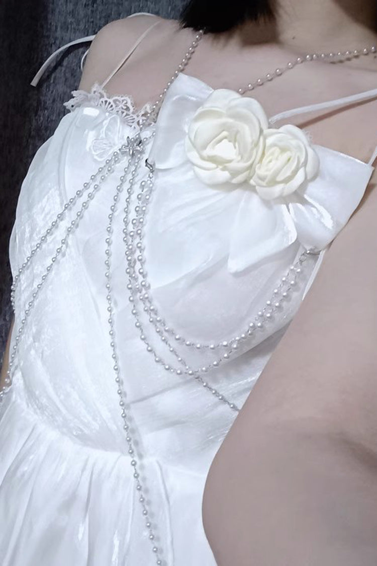 Ivory Moonlit Chiffon Open-Back Bow Accent Asymmetric JSK