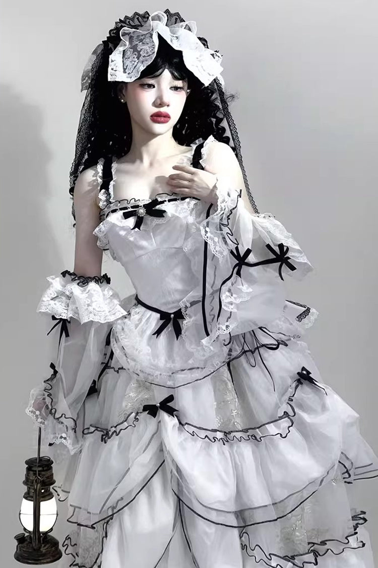 Cascade Poem Sleeveless Multi-Layered Ruffled Hanayome Bow Lace Gothic Plus Size Gorgeous Lolita JSK Long Dress - White