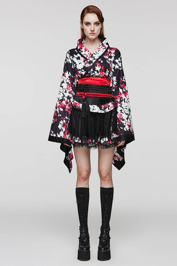 Multicolor Long Sleeves Floral Print Ruffle Gothic Dress with Skirt