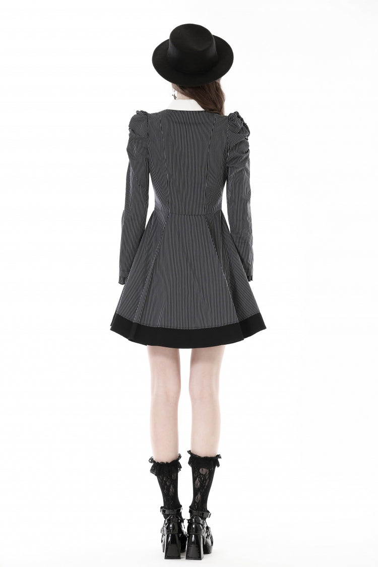 Black/White Notch Collar Puff Sleeve Gothic Striped Preppy Dress