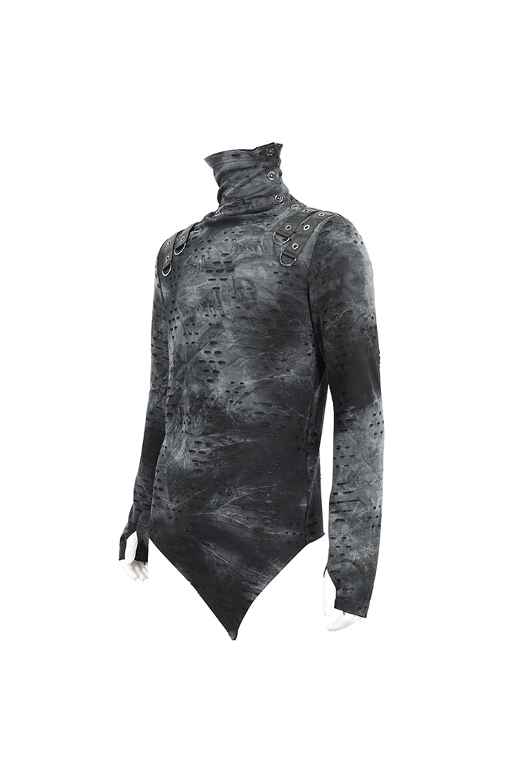 Men's Punk Shirt with Irregular Ripped Details, Stand Collar, Grey/Black