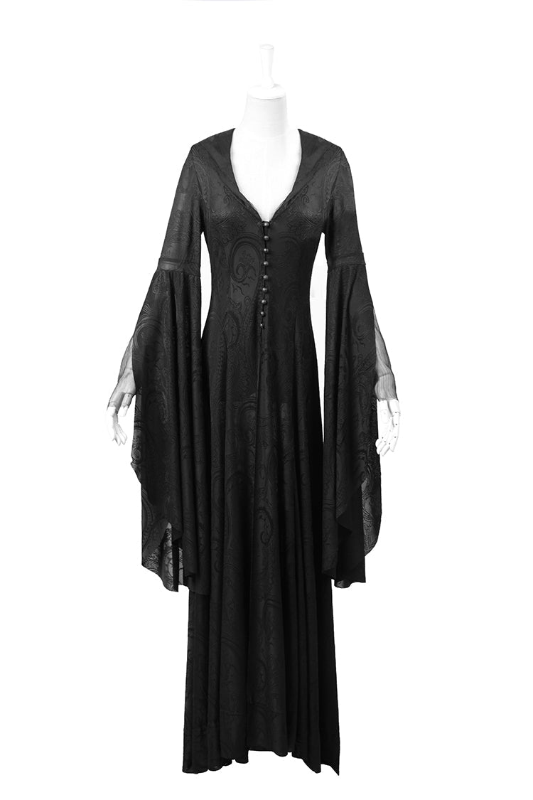 Women's Gothic Dress with Hooded Metal Buckle Long Trumpet Sleeves Embroidery