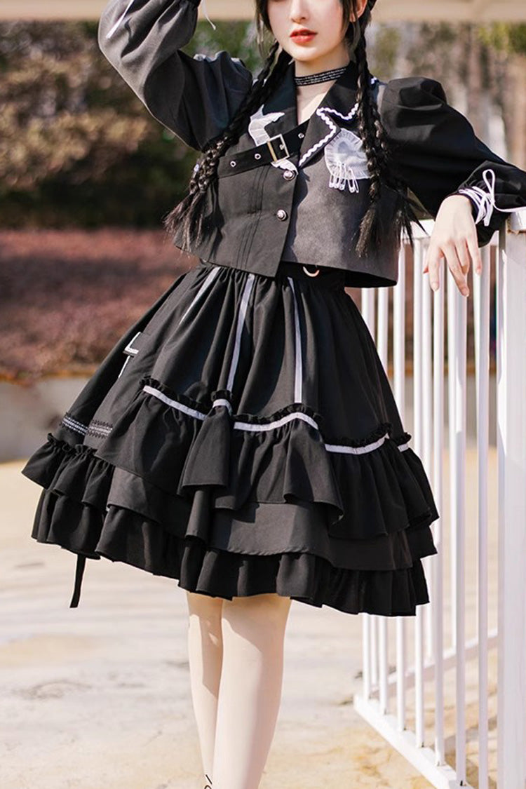 Black Reflective Strip Ruffled Pleated Gothic Set