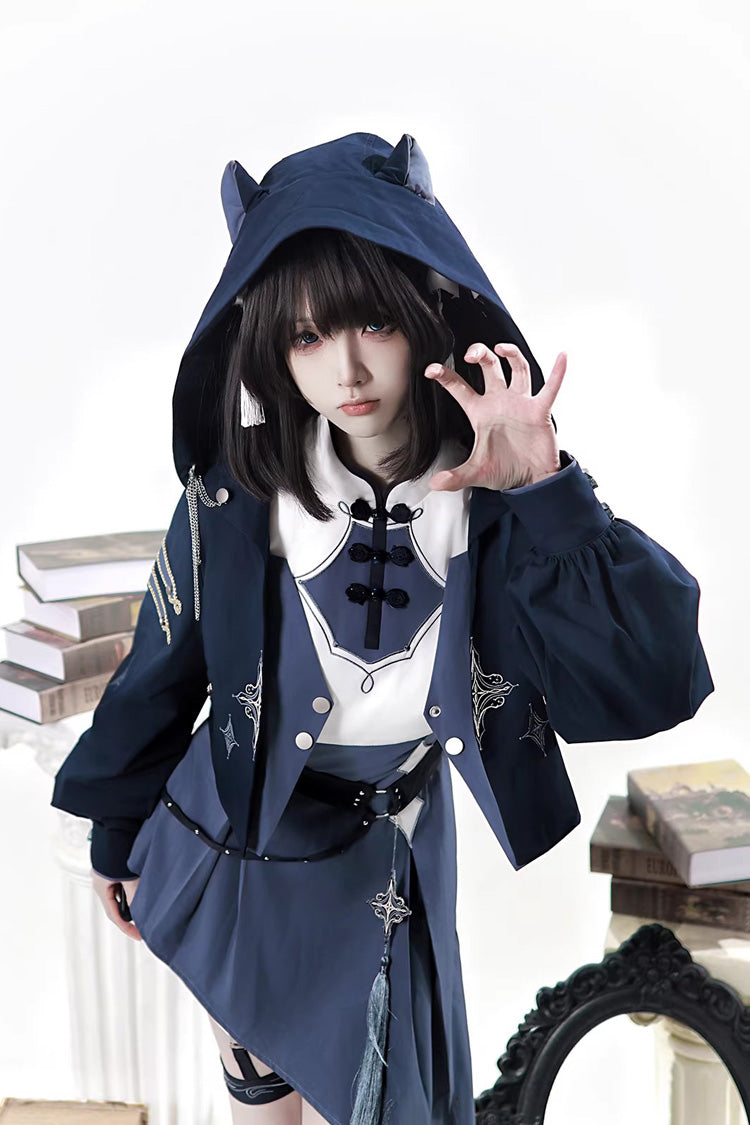 Stand Collar Long Sleeves Embroidered Hooded Asymmetric Punk Ouji Lolita Dress Four-Piece Set - Indigo Shadow Journey