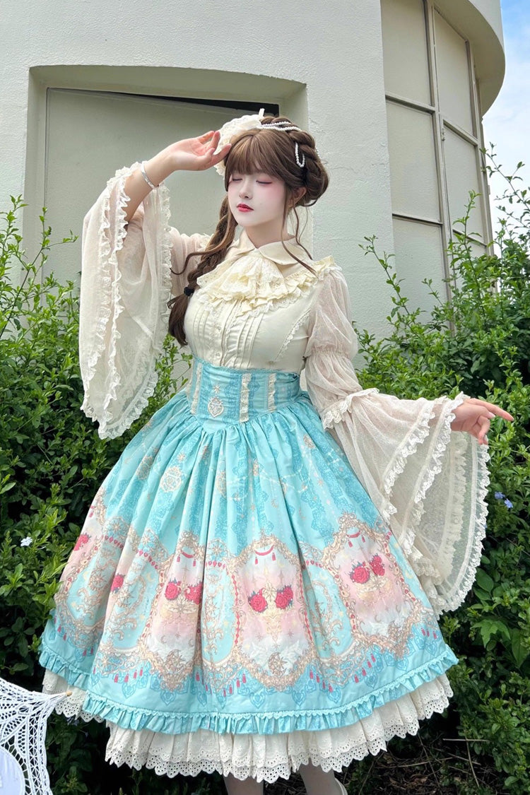 Blue Moonlit Garden Print Ruffle Lace Sweet Palace Lolita Skirt