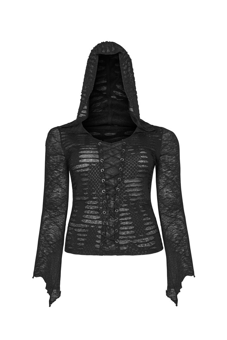 Plus Size Punk T-Shirt for Women in Black with Lace-Up Chest, Flare Sleeves & Distressed Knit Hood