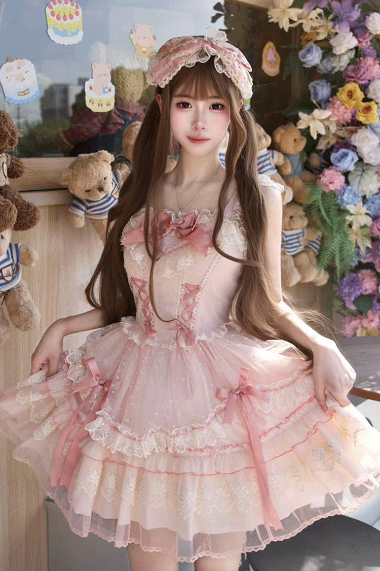 Magenta Sleeveless Ruffle Bow Lace Corset Sweet Jumper Dress - Candy House