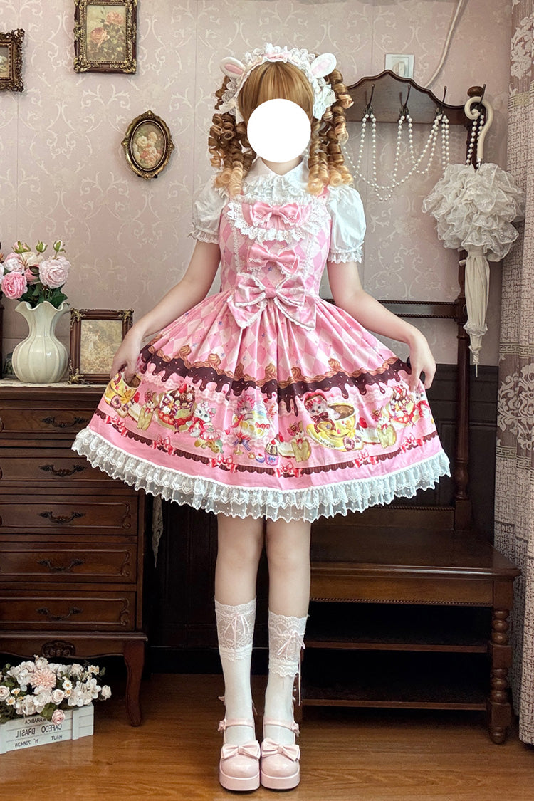 Sleeveless Lace Bow Print Sweet JSK Dress in 3 Colors - Cream Meow