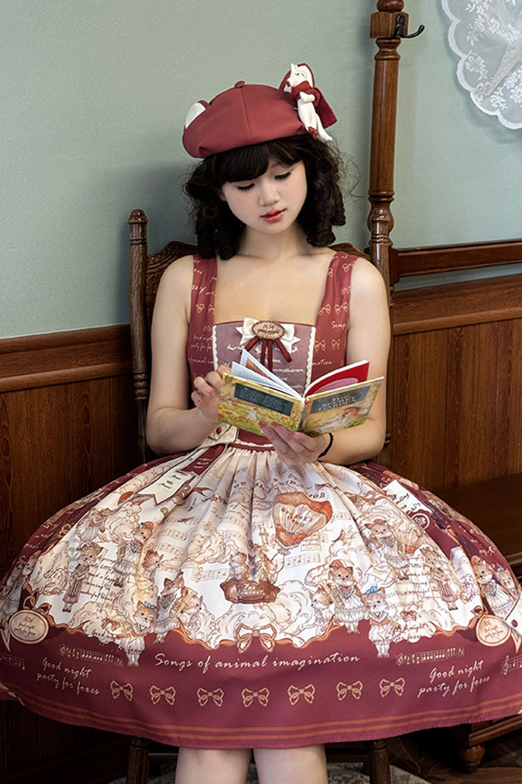 Wine Red Fox Print Square Collar Bowknot Classic Lolita Jumper